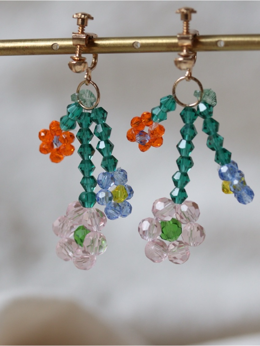 Floral Beaded Dangle Earrings – Pink, Green & Orange